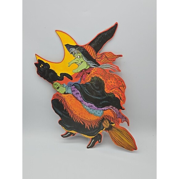 Vtg Kirk Halloween Die Cut Witch on Broom w/ Cat Cardboard Decoration Laminated - Picture 3 of 5